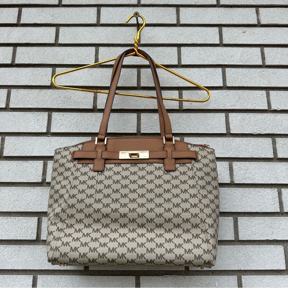Michael Kors Hamilton Traveler Large Zip Satchel MK Logo Brown Quiet Luxury